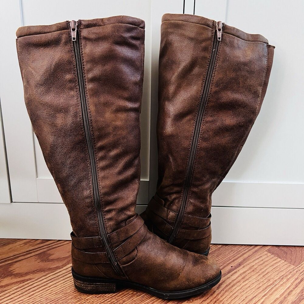 Baretraps Yvonna Brown Vegan Marbled Leather Buckled Knee High Riding Boots 6M - Picture 5 of 8